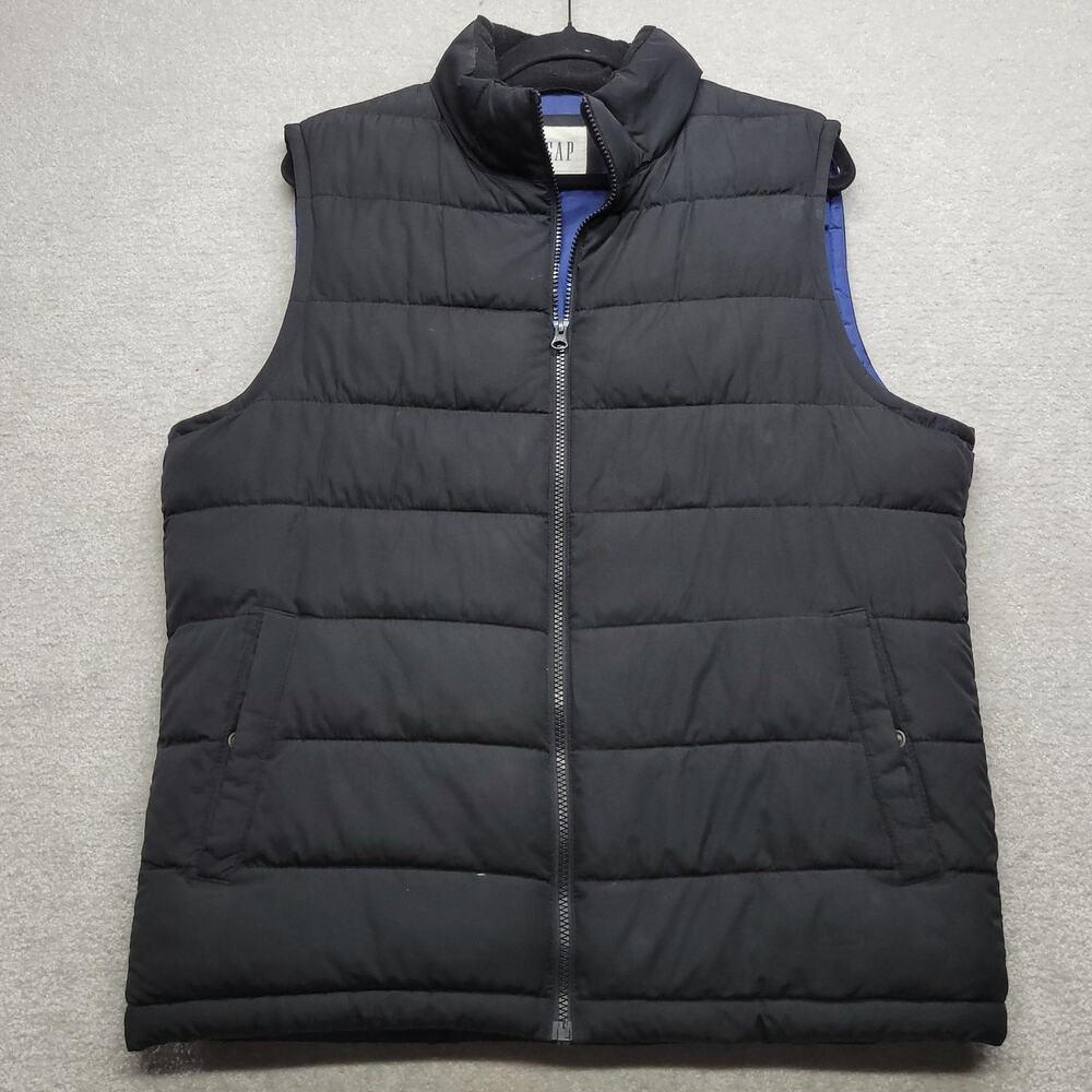 GAP Mens Medium Black Puffer Vest Full Zip Blue Lining Quilted
